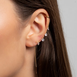 Threader earring with ear cuff and 4 dangling cz stones, Second earring with ear cuff, Chain earring with cz, Gold and dainty ear cuff