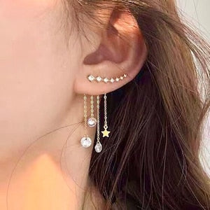 Star Ear Climber With Crystal Chain Tassel Ear Jacket Earrings- Star Ear Jacket - Celestial Ear Climber - Star Tassel Earrings